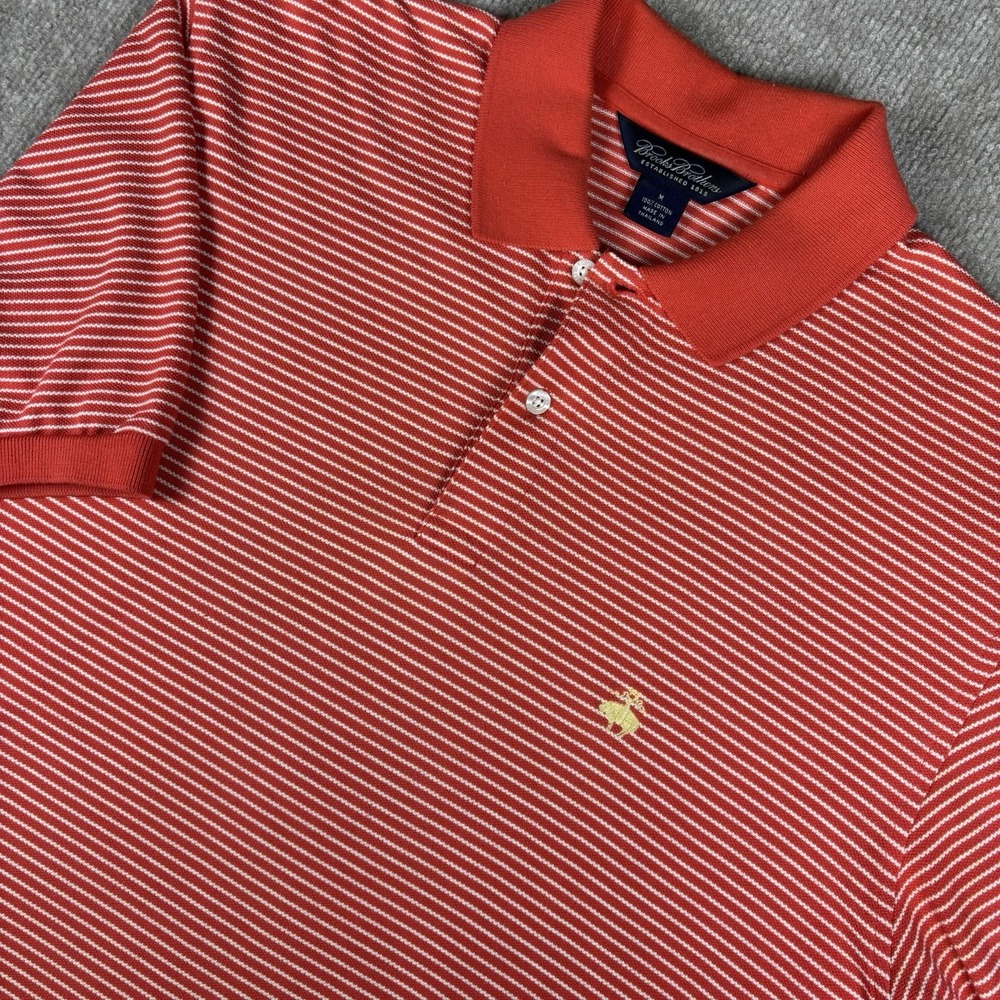 Brooks Brothers Polo Shirt Mens Medium Orange White Striped 100% Cotton